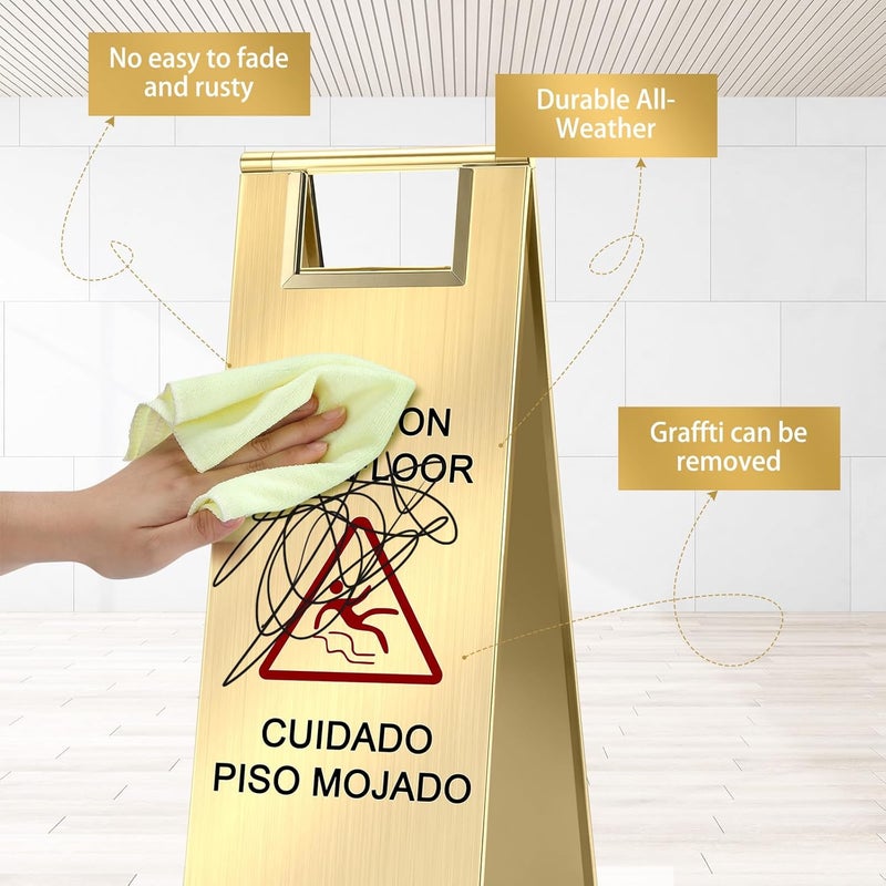 LEIFIDE Stainless Steel Wet Floor Caution Sign Bulk 8.8 Pound Portable Foldable Handle Bilingual Safety Sign for Kitchen Restaurant Supermarket Shop Commercial Use Avoid Fall and Slip Accident(Gold) - Image 3